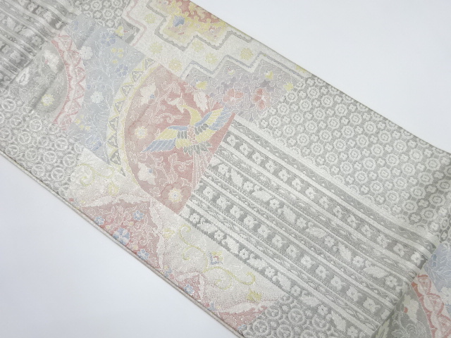 佐賀錦　変わり縞に花鳥模様織り出し　袋帯